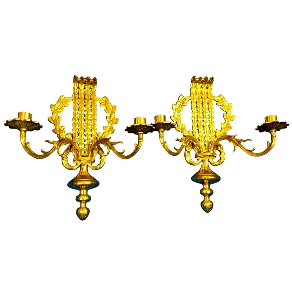 Vtg Gold Brass Wall Sconces 2 Arm Candelabra Mid Century Laurel Acanthus Leaves